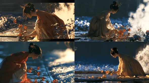 东亚成年女子居左右俯身微屈膝，拾带三卷曲秋叶细枝，拢衣，黑发低髻簪金枝珍珠簪，三层纱袍，侧中景，从头至小腿，湿石径，墨青花圃，右雾留白，低位暖光，青黑阴影，象牙肤色，东方奇幻质感，f/2.8镜头，锐度拉满