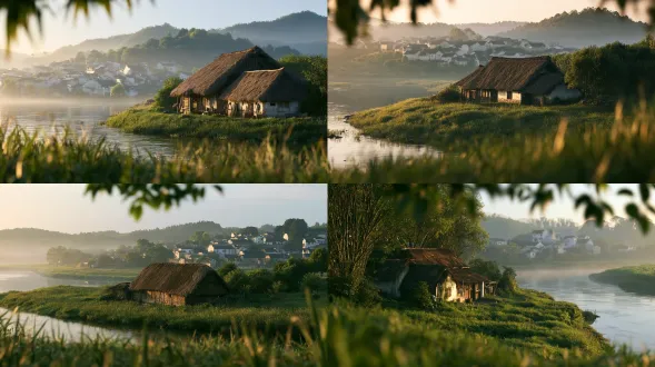 略高视角远景，溪边低矮茅草屋，岸边长满青草，远处白墙黛瓦村落融于晨雾，前景草叶柔焦，宋代乡村美学，苔绿米白暖木色调，金质侧光，浅景深，佳能eos r5，35mm镜头，电影感