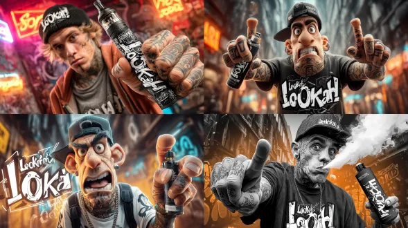 欧美年轻纹身男表情夸张，握持电子烟推向镜头，背景烟雾，霓虹灯，8k插画风格，特写人物居中，黄金比例拍摄，正面视图