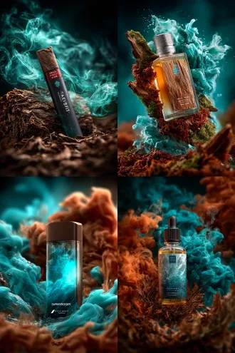 电商配图场景，电子烟陈列，周围环绕着棕色烟草和绿松石色的烟雾，营造出一种动态而充满活力的场景。高分辨率、逼真、产品摄影风格