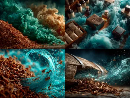 电商配图场景，周围环绕着棕色烟草和绿松石色的烟雾，营造出一种动态而充满活力的场景。高分辨率、逼真、场景摄影风格