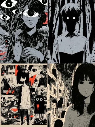 masterpiece, best quality, ultra-detailed, high contrast black and white manga style, indie comic style, dark cute, creepy cute, minimalist color palette, grayscale dominant with selective spot color accent, rough black line art, minimalist blocky shading, flat design, surreal background, vector illustration feel, empty black eyes with no highlights, deadpan stare, neurotic atmosphere, sense of alienation, stream of consciousness