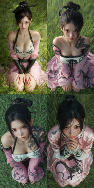 wlop and artgerm inspired, 3d cgi ultra - realistic. a chinese xianxia - style woman with an exquisitely delicate face. her almond - shaped eyes hold a charming and serene expression, and her small mouth is slightly ajar, as if about to utter a soft word. her hands and fingers are in perfect health and completeness, with slender digits that showcase every natural nail detail, and her skin is as smooth as porcelain, without a single blemish. her jet - black hair is neatly coiled into a simple single bun, tied elegantly with a black silk ribbon that has a faint sheen. she strikes a dynamic pose, gracefully sitting sideways on a carpet of lush green grass. this pose not only adds an air of elegance to the picture but also shows her poise. one hand firmly presses against the ground, serving as the center of gravity for her body. her figure is slender and graceful, exuding an otherworldly charm. in terms of attire, she dons a pink silk traditional outer robe that flows gently in an imperceptible breeze. inside, there's a white strapless top intricately embroidered with black dragon patterns. the black patterns seem to come alive against the white fabric. paired with it is a long, flowing black skirt that billows around her like a dark cloud. a pink sash, tied in a beautiful bow at her waist, accentuates her slender figure. she adorns herself with a silver necklace that sparkles softly, and black earrings that add a touch of mystery. the environment is an otherworldly floating islet in the sky. wispy, iridescent clouds swirl around the islet in a mesmerizing dance. the ground of the islet is covered with ethereal plants. these plants have lush, velvety leaves and blossoms of various enchanting colors - from soft pastels to vivid jewel - tones. they emit a soft, magical light that mingles with the ambient glow of the surroundings, creating a dreamy and ethereal atmosphere. soft cinematic backlighting bathes her figure, casting a warm and gentle glow. the depth of field is carefully focused on her face, highlighting her every feature, while the gorgeous sunlight filters through the clouds, creating a play of light and shadows across the scene.