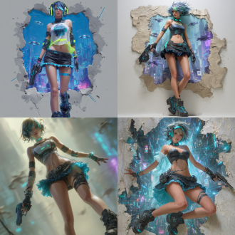 3d rendering, girls frontline cg, cyberpunk female emerging horizontally from a torn canvas. her body and feet extend past the canvas edges for a sense of movement. her hands and fingers are healthy and complete, with slender fingers and natural nail details. the female has short, spiky hair with neon blue - purple streaks. her almond - shaped eyes glow neon - green, with circuit - like patterns. she wears a sleeveless, armored corset with blue - glowing accents, a holographic cape, a black leather - like short skirt with neon blue frills at the hem, and chunky platform boots with thruster - like details. a choker with a pulsing green gem and bracers with displays adorn her. she holds a glowing - barrel pistol and a data - cable plugged into her head. the torn canvas has frayed edges. the background is a dim cyberpunk cityscape with neon - lit skyscrapers, floating drones, and a mix of blue - white spotlights and purple ambient light.