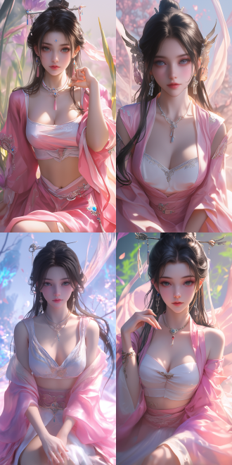 wlop 和 artgerm，3d 计算机生成图像超写实风格。一位具有精致面容的中国仙侠风格女子，杏仁眼，表情迷人且宁静，小嘴微微张开。她的双手和手指健全健康，手指修长，指甲细节自然，皮肤完美无瑕。她的黑发盘成一个简单的单髻，并用黑色丝带束发。动态姿势：优雅地侧身坐在绿草如茵的地毯上，为画面增添一抹优雅，一只手稳稳地撑在地面，重心落在这只手上。她的身姿曼妙优雅。服饰：身着粉色丝绸传统外袍，内搭绣有黑龙图案的白色抹胸上衣，搭配飘逸的黑色长裙，腰间系着粉色腰带，戴着银项链和黑色耳环。环境：天空中一座超凡脱俗的浮空小岛。缕缕云雾环绕着小岛，地面上长满了空灵的植物，这些植物枝叶繁茂，开着各种颜色的花朵。它们散发出柔和的神奇光芒，与周围的环境光相互交融，采用柔和的电影逆光，景深聚焦在她的身上，有绚丽的阳光和阴影.