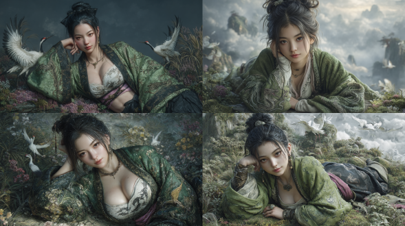 wlop and artgerm style, 3d cgi ultra - realistic. a chinese xianxia - style woman with a delicate face. she has almond - shaped eyes, a charming and serene expression, and her small mouth is slightly open. her hands and fingers are healthy and complete, with slender fingers and natural nail details, and her skin is flawless. her black hair is coiled into a simple single bun and tied with a black silk ribbon. pose: gracefully lying sideways on a carpet of green grass, adding an air of elegance to the picture. one hand gently props her head up, with the center of gravity distributed gracefully. her figure is graceful and elegant. attire: wearing a green silk traditional outer robe, with a white strapless top embroidered with black dragon patterns inside, paired with a flowing black long skirt, a pink sash around the waist, a silver necklace, and black earrings. environment: an otherworldly floating islet in the sky. wispy clouds swirl around the islet, and the ground is covered with ethereal plants that have lush foliage and flowers of various colors. these plants emit a soft, magical light that mixes with the ambient glow of the surroundings. a pair of elegant cranes soar through the air above the islet. their pure white feathers seem to glow faintly in the soft light, and their long necks and legs stretch out gracefully as they fly. one crane tilts its head slightly, as if looking down at the woman on the ground. soft cinematic backlighting, depth of field focusing on her, with gorgeous sunlight and shadows.