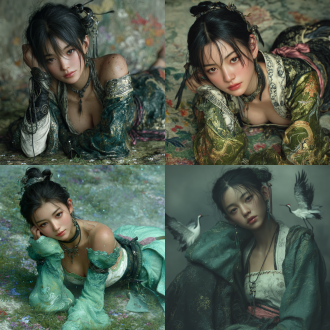wlop and artgerm style, 3d cgi ultra - realistic. a chinese xianxia - style woman with a delicate face. she has almond - shaped eyes, a charming and serene expression, and her small mouth is slightly open. her hands and fingers are healthy and complete, with slender fingers and natural nail details, and her skin is flawless. her black hair is coiled into a simple single bun and tied with a black silk ribbon. pose: gracefully lying sideways on a carpet of green grass, adding an air of elegance to the picture. one hand gently props her head up, with the center of gravity distributed gracefully. her figure is graceful and elegant. attire: wearing a green silk traditional outer robe, with a white strapless top embroidered with black dragon patterns inside, paired with a flowing black long skirt, a pink sash around the waist, a silver necklace, and black earrings. environment: an otherworldly floating islet in the sky. wispy clouds swirl around the islet, and the ground is covered with ethereal plants that have lush foliage and flowers of various colors. these plants emit a soft, magical light that mixes with the ambient glow of the surroundings. a pair of elegant cranes soar through the air above the islet. their pure white feathers seem to glow faintly in the soft light, and their long necks and legs stretch out gracefully as they fly. one crane tilts its head slightly, as if looking down at the woman on the ground. soft cinematic backlighting, depth of field focusing on her, with gorgeous sunlight and shadows.