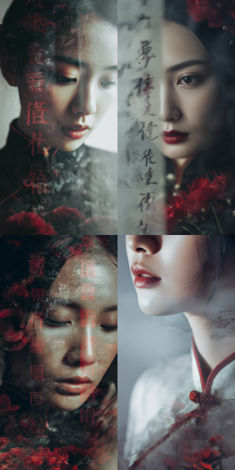 chinese dream - inspired atmosphere portrait photography. close - up half - body shot of a gentle and intellectual eastern beauty. this chinese - character - themed portrait photography integrates zen - like visual art. it favors multiple exposures to convey space and the expression of dreams. the frame features chinese characters, an ash - gray and red flower sea, elements of nightmares, and chaotic dreams, forming a minimalist portrait with a surrealist touch. rooted in an eastern aesthetic, it showcases rich formal layers through an abstract and minimalist expression. character - space combinations are emphasized, along with blurred effects such as aperture - induced blur, trailing, and motion blur, creating a murky and blurred dreamscape. high - purity colors, contrasting colors, and black - and - white tones are employed to express dreams within dreams. the use of light and shadow art, like complex light - shadow arrangements and the figure surrounded by light and shadow, reflects the character's emotions, presenting a dreamy and hazy vision.