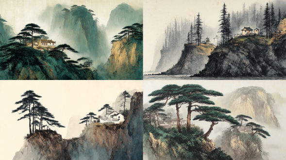 chinese landscape painting pine trees and small houses on the cliffs minimalist color field
