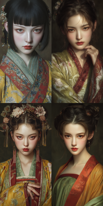digital painting, realistic. a beautiful girl with delicate and glossy skin, her face is pale. she is wearing a hanfu in yellow - green and red colors. facing the camera, she strikes a playful pose. rendered in a realistic style with natural lighting, the hanfu and her skin have a luster, looking shiny and glossy. the image is in uhd, boasting the best quality and the best image quality.