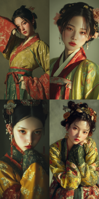 digital painting, realistic. a beautiful girl with delicate and glossy skin, her face is pale. she is wearing a hanfu in yellow - green and red colors. facing the camera, she strikes a playful pose. rendered in a realistic style with natural lighting, the hanfu and her skin have a luster, looking shiny and glossy. the image is in uhd, boasting the best quality and the best image quality.