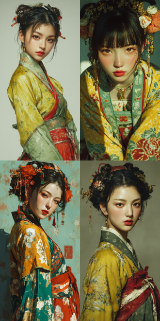 digital painting, realistic. a beautiful girl with delicate and glossy skin, her face is pale. she is wearing a hanfu in yellow - green and red colors. facing the camera, she strikes a playful pose. rendered in a realistic style with natural lighting, the hanfu and her skin have a luster, looking shiny and glossy. the image is in uhd, boasting the best quality and the best image quality.