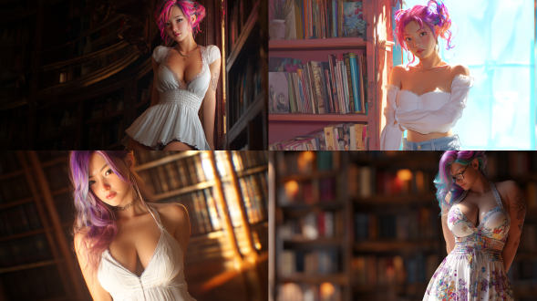 3d cgi ultra - realistic style, a slightly chubby asian beauty, in a white semi- sundress, tight jeans, outlining an ultra-s-shaped figure, full of vitality, with colorful hair and a lively expression. full-body atmosphere lighting with a library background