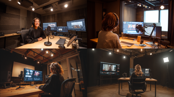 set within a small live - streaming room. in front of the woman lies a modern - looking desk. on the desk is a computer, and its screen displays images related to audio editing. a professional - grade microphone is placed on the desk, secured to a sleek - shaped stand. soft, warm - toned studio lights are installed on the ceiling, shining directly on the woman, creating a well - lit and inviting atmosphere. 8k resolution.