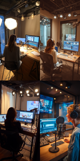 set within a small live - streaming room. in front of the woman lies a modern - looking desk. on the desk is a computer, and its screen displays images related to audio editing. a professional - grade microphone is placed on the desk, secured to a sleek - shaped stand. soft, warm - toned studio lights are installed on the ceiling, shining directly on the woman, creating a well - lit and inviting atmosphere. 8k resolution.