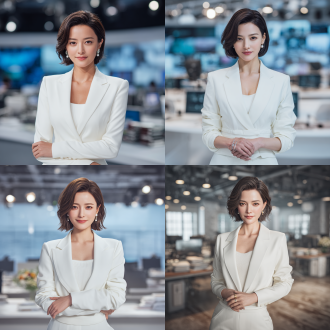 3d cgi, ultra - realistic, a beautiful asian female professional news anchor in a sitting pose, legs crossed, hands gently folded in front. she has alluring peach - shaped eyes, a warm professional smile, and looks straight ahead gently. with a neat ear - length short - hair style, she wears a white suit, pearl stud earrings and other jewelry, sporting a delicate and exquisite makeup. set in a modern office. there are neatly - arranged light - colored desks and chairs, computers, stacked files and a vase of fresh flowers. floor - to - ceiling windows let in soft, diffused natural light. artificial ceiling lights add to the illumination. with cinematic - grade lighting, the scene has a perfect balance of highlights and shadows, creating a realistic and immersive atmosphere. 8k resolution.