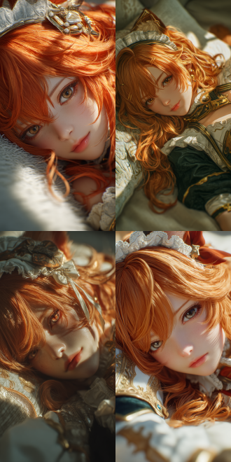 honkai: star rail, in the style of wlop, a 2d game aesthetic, computer - generated imagery. a beautiful cat girl maid with long orange - red hair adorned with exquisite hair accessories, dressed in a luxurious uniform, is lying on her side on a soft cushion. her expression is at ease, with her mouth slightly open, revealing her teeth, showcasing a blend of elegance and wildness. shot from a low angle perspective, the focus is on her face. the scene features dramatic lighting, high detail, cinematic texture, shallow depth of field, and accents of cool tones, making her both charming and approachable.