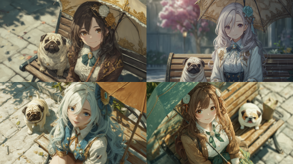 honkai: star rail, in the style of wlop, a 2d game aesthetic, computer - generated imagery. a beautiful and gentle girl with long hair, wearing exquisite hair accessories and a school uniform, is quietly sitting on a bench in the campus. there is a small pug on the bench and a chinese parasol tree in the background. shot from a low - angle perspective, focusing on her face, her expression is at ease, with her mouth slightly open, revealing her teeth. the scene features real natural light, high detail, cinematic texture, shallow depth of field, and accents of cool tones, making her both charming and approachable.