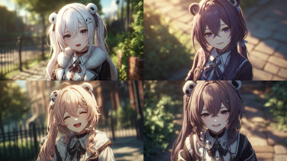 honkai: star rail, in the style of wlop, a 2d game aesthetic, computer - generated imagery. a beautiful and gentle girl with long single - ponytail hair, wearing cute panda - themed hair accessories and a high - school uniform. her expression is relaxed and at ease, with her mouth slightly open, revealing her teeth as she enjoys the sunlight.shot from a low - angle perspective, focusing on her face.