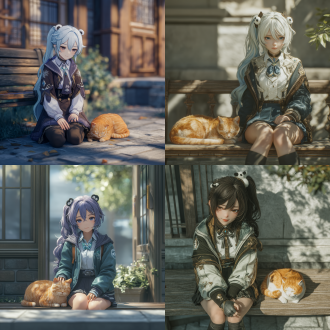 honkai: star rail, in the style of wlop, a 2d game aesthetic, cgi, a charming and mature - looking woman with long single - ponytail hair, wearing cute panda - themed hair accessories and a high - school uniform. her expression exudes an air of sophistication, with her mouth slightly open, revealing her teeth, giving off an elegant and alluring vibe. quietly sitting on a bench in the campus. an orange cat is lazily lying beside her, sleeping, and there is a wutong tree in the background. shot from a low - angle, focusing on the woman 's legs where she gently strokes the sleeping orange cat with one hand. the scene features real natural light, high detail, cinematic texture, shallow depth of field, and accents of cool tones, enhancing the charming and approachable interaction between the girl and the cat.