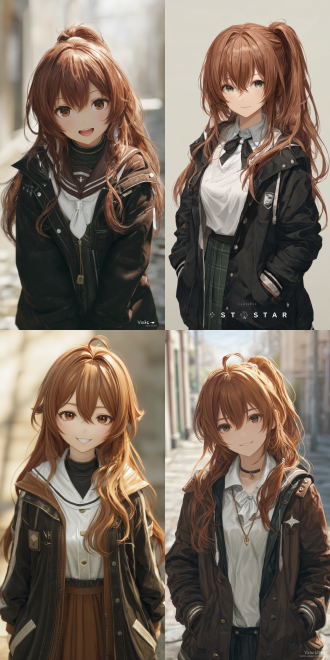 honkai: star rail, in the style of wlop,a 2d game cgi aesthetic. a charming and mature - looking 御姐. she has long single - ponytail hair, rich chestnut - brown, glistening softly in the light. her mouth slightly open, revealing her teeth, in brown and white shades that blend well with her hair. she's dressed in a japanese - style high - school uniform, exuding a youthful vibe.