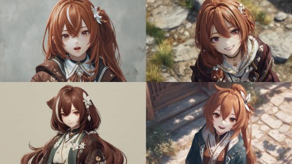 honkai: star rail, in the style of wlop,a 2d game cgi aesthetic. a charming and mature - looking vixen. she has long single - ponytail hair, rich chestnut - brown, she wears (cute - themed hair accessories), glistening softly in the light, with a section of white hair in her bangs, her mouth slightly open, revealing her teeth, in brown and white shades that blend well with her hair. she's dressed in a japanese - style high - school uniform, exuding a charming and enchanting aura.