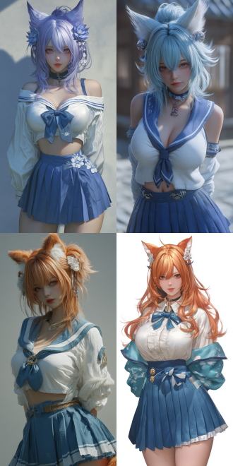 genshin impact, in the style of wlop, a 2d game cgi aesthetic. a charming and mature - looking vixen with a tall and perfect figure. her mouth is slightly open, revealing her white teeth. she has hair in a random color, adorned with small fox - themed hair accessories. her front bangs are graced by a distinct and eye - catching streak, which is different from the color of her hair and stands out prominently. she is dressed in a summer female high - school student uniform, consisting of a blue pleated skirt, exuding a charming and enchanting aura.