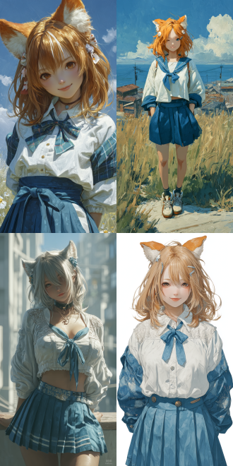 makoto shinkai cinematic style, a 2d game esthetic, cgi. a charming and mature - looking vixen with a tall and perfect figure. her mouth is slightly open, revealing her white teeth. she has hair in a random color, adorned with small fox - themed hair accessories. her front bangs are graced by a distinct and eye - catching streak, which is different from the color of her hair and stands out prominently. she is dressed in a summer female high - school student uniform, consisting of a blue pleated skirt, exuding a charming and enchanting aura.