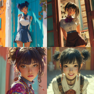 3d realistic cgi with cinematic quality, in ilya kuvshinov's style full of oriental mysterious and fantasy colors. a charming, one piece style, mature - looking vixen like hestia, tall and with a perfect figure. her mouth is slightly open, showing white teeth and a tiny bit of her tongue. she has hair with a random color and hairstyle, and wears exquisite accessories. dressed in a summer female high - school uniform, she exudes charm. set in a simple courtyard. the background is blurred to create a cinematic depth of field, making her the focus. high - quality lighting enhances her features and the details of her clothes and accessories, presenting a lifelike, movie - like image.
