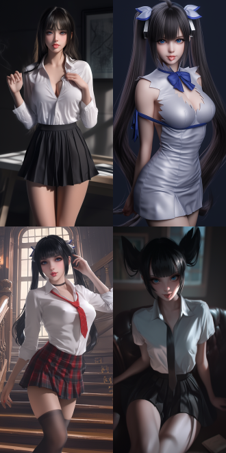 (is it wrong to try to pick up girls in a dungeon?), in ilya kuvshinov's style, 3d realistic cgi style, a charming and mature - looking vixen like hestia, with a tall and perfect figure. her mouth is slightly open, checking with a tongue out, with a red - style school attire, professional pleated skirt.
