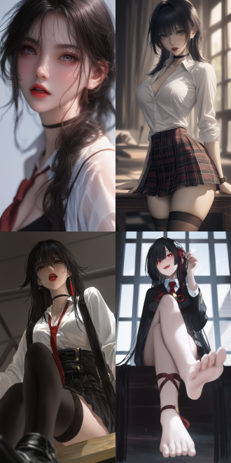 (honkai: star rail,) 2.5d ultra-realistic style, a charming and mature vixen with black hair, mouth slightly open, white teeth, comfortable expression, tongue visible, elegant posture, with a red - black style school attire, professional pleated skirt, with a few beads of sweat on her forehead. viewed from a low-angle upward. set in a simple room, soft sunlight bathes her.the background is blurred to create a cinematic depth - of - field effect, making her the focus of the picture
