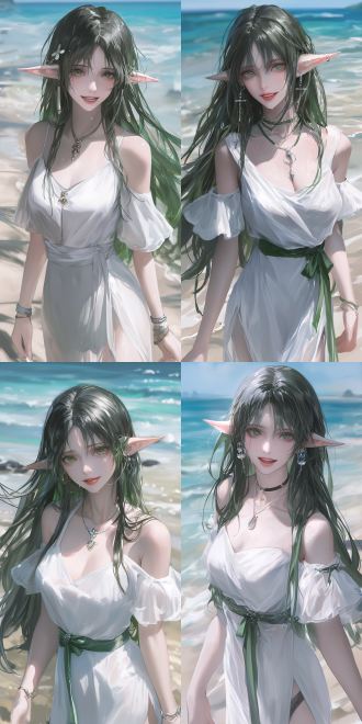 (arknights,) 2.5d ultra-realistic style, a charming and mature vixen with black hair, mouth slightly open, white teeth, comfortable expression, tongue visible, elegant posture, with a few beads of sweat on her forehead. viewed from a low-angle upward. on a beach by the sea. soft sand beneath her feet, the blue sea stretching to the horizon, and a gentle sea breeze blowing.the background is blurred to create a cinematic depth - of - field effect, making her the focus of the picture.