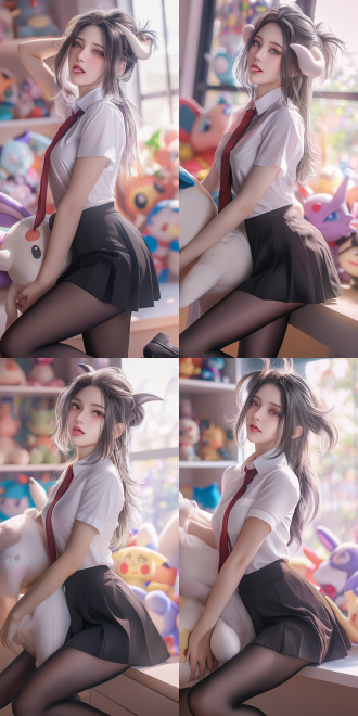 (admin cgi), in ilya kuvshinov's style, 2.5d ultra - realistic style, a charming and mature - like albedo from overlord, with a tall and perfect figure. her mouth is open, showing a tongue out, the tip of the moist tongue is rounded, as if gently licking the air, with eyes rolled upwards in a misty way. she has a long ponytail, wearing a red - black style school attire, a professional pleated skirt. with a comfortable expression. she is holding a large plush doll. set in a simple room, filled with various pokémon dolls. soft sunlight bathes her. the background is blurred to create a cinematic depth - of - field effect, making her the focus of the picture.