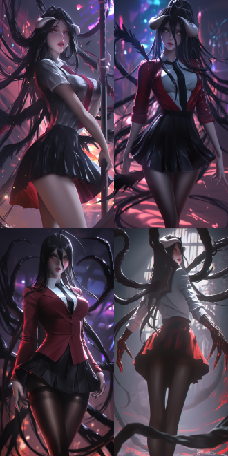 in ilya kuvshinov's style, 2.5d realistic style. a charming and mature - like albedo from overlord, with a tall and perfect figure. her mouth is open, with eyes rolled upwards in a misty way. she has a long ponytail, wearing a red - black style school attire, a professional pleated skirt, with a comfortable expression. she is interacting with a steel pole on a performance stage. the stage is illuminated with stage - style lighting, with colorful spotlights and soft backlighting creating a glamorous atmosphere. the background is blurred to create a cinematic depth - of - field effect, making her the focus of the picture. 4k.