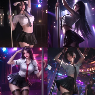 in ilya kuvshinov's style, 2.5d realistic style. a charming and mature - like albedo from overlord, with a tall and perfect figure. her mouth is open, with eyes rolled upwards in a misty way. wearing a school attire, a professional pleated skirt, with a comfortable expression. she is interacting with a steel pole on a performance stage. the stage is illuminated with stage - style lighting, with colorful spotlights and soft backlighting creating a glamorous atmosphere. the background is blurred to create a cinematic depth - of - field effect, making her the focus of the picture. 4k.