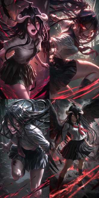 in ilya kuvshinov's style, 2.5d anime realistic style. a charming and mature - like albedo from overlord, with a tall and perfect figure. her eyes are wide - protruding, face full of ferocity. wearing a school attire, a professional pleated skirt. she's roaring and lunging forward in a dim, ruined arena. streaks of red light slice through the darkness, adding to the menacing mood. the background is blurred to create a cinematic depth - of - field effect, making her the focus of the picture. 4k.