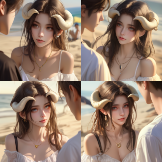 in wlop's style, 2.5d anime realistic style, a charming and mature - like albedo from overlord, with a tall and perfect figure, misty eyes, and a comfortable expression. she is interacting affectionately with a handsome man on a sunny beach. golden sand is beneath their feet, the blue sea stretches to the horizon, gentle sea breezes ruffle their hair, and there are some beach umbrellas nearby. the background is blurred to create a cinematic depth - of - field effect, focusing on their facial expressions, presenting high - texture details in 4k resolution.