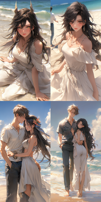 in wlop's style, 2.5d anime realistic style, a charming and mature - like albedo from overlord, with a tall and perfect figure, misty eyes, and a comfortable expression. she is interacting affectionately with a handsome man on a sunny beach. golden sand is beneath their feet, the blue sea stretches to the horizon, gentle sea breezes ruffle their hair, and there are some beach umbrellas nearby. the background is blurred to create a cinematic depth - of - field effect, focusing on their facial expressions, presenting high - texture details in 4k resolution.