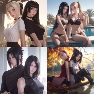 naruto and fate series, in ilya kuvshinov's style, 2.5d ultra - realistic style. two charming and mature figures, one like saber::4 , the other similar to tsunade. both have tall and perfect figures. they have black hair, their mouths are open slightly, tongues out, eyes misty, wearing school - style outfits. they are engaging in an affectionate eye - to - eye gaze and intimate interactions by a serene lake. the clear water reflects the blue sky and floating clouds. gentle ripples are spreading on the water surface. soft sunlight bathes them. the background features a dreamy artistic touch, with elements like faint, swirling colors and ethereal shapes adding to the overall dreamy atmosphere. the background is blurred to create a cinematic depth - of - field effect, and the image is in 4k resolution for high - detail rendering.