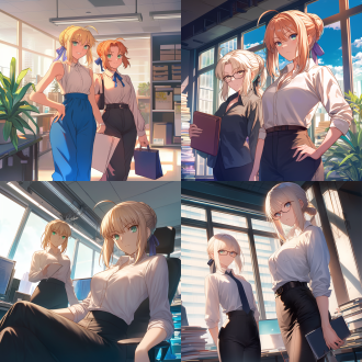 in takeuchi takashi's style, two charming and mature figures, one like saber, the other similar to tsunade, are in a modern office.