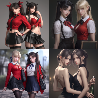 in tony's style, 3d ultra - realistic style. two charming and mature figures, one like rin tohsaka from fate series, the other similar to tsunade.
