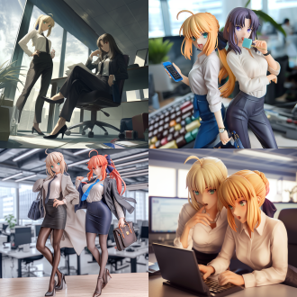 in takeuchi takashi's style, two charming and mature figures, one like saber, the other similar to tsunade, are in a modern office.