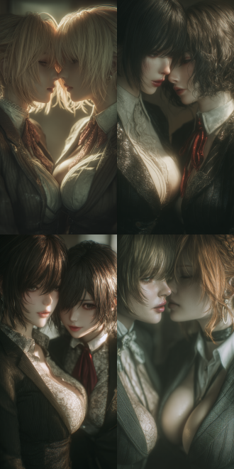 ultra - realistic style. two charming and mature figures like beauty from game cgi and fate/stay night. both have tall and perfect figures. their mouths are open, showing a tongue out, with office attire, professional skirt suit, with a comfortable expression. one is gently touching the other's face. the background is blurred, showing detailed textures, with elaborate light and shadow details. the figures are backlit, creating a distinct contrast. the image is in 4k resolution for high - detail rendering.