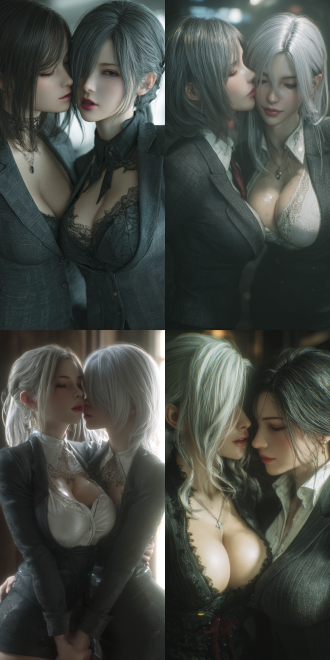 2.5d cgi realistic style,aiming for a realistic photo - like appearance, two charming and mature figures like oriental beauties from integration of the styles of nier:automata night and final fantasy vii remake. both have tall and perfect figures.their mouths are open, showing a tongue out,with a comfortable expression,wearing modern office - style professional skirt suits.one leans in to nuzzle the other's neck,kiss.the background is blurred, showing detailed textures, with elaborate light and shadow details. high - definition, smooth and flawless skin, natural - looking hair strands, and true - to - life color palettes similar to real - life photography are emphasized. the image is in 4k resolution for high - detail rendering.