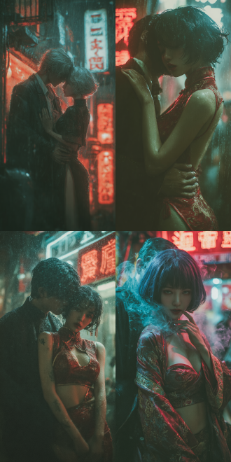 ultra realistic style, cosplay, fate/stay night, any female character from fate/stay night, charming and mature oriental beauty. she has a well - proportioned and tall figure. her mouth is open, wearing a gentle and comfortable expression. she poses with one hand lightly touching her waist, while the other is gracefully placed near her face. a man stands behind her, firmly wrapping his arms around her waist, his face close to hers. shot in the style of du ke feng's enigmatic urban scene, on a neon - lit rainy night. the image has the handheld camera shake effect, with high - saturation red and blue tones. they are in a damp shanghai - style alley. there's a woman in a qipao turning her back to the camera nearby, and smoke is swirling in the air. solitary figures are reflected in glass windows. the scene has the cinematic texture reminiscent of wong kar - wai's works, with surreal light and shadow particles and the look of 35mm film grain. the cosplay outfit of the female character consists of an outer layer with a design that's both alluring and tasteful. beneath it, a white lining covers her chest fully, providing a more demure look. the white lining not only effectively conceals her chest but also adds an element of elegance, maintaining a perfect balance between allure and modesty. the size of her chest is adjusted to be more natural and in - line with a balanced body proportion. the image is rendered in 4k resolution for high - detail output.