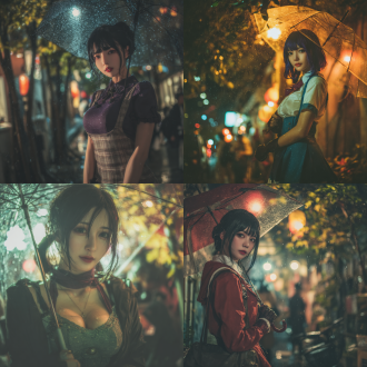 ultra realistic style, cosplay, fate/stay night, any female character from fate/stay night, charming and mature oriental beauty. she has a well - proportioned and tall figure. with a lonely and gentle expression, she holds an umbrella in one hand. shot in the style of du ke feng's enigmatic urban scene, on a shanghai's rainy autumn night street. the image has the handheld camera shake effect. there are trees alongside the street. the scene has the cinematic texture reminiscent of wong kar - wai's works, with surreal light and shadow particles and the look of 35mm film grain. the cosplay outfit of the female character is in daily autumn style, covering her chest appropriately, maintaining a balance between allure and modesty. the size of her chest is adjusted to be more natural and in - line with a balanced body proportion. the image is rendered in 4k resolution for high - detail output