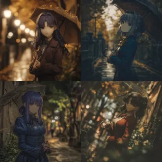 ultra - high - definition, ultra - realistic style, fate/stay night, any female character from fate/stay night. she has a well - proportioned and tall figure. with her mouth slightly open, wearing a lonely and gentle expression, she holds an umbrella in one hand. her fingers are of normal, natural shape, with well - defined joints, neither too long nor too short, and without any signs of deformity, moving gracefully as she holds the umbrella. on a rainy autumn night on a street in shanghai, with trees lining the street. the image features a handheld camera shake effect for enhanced authenticity. the size of the character's chest is adjusted to be more natural and in - line with a balanced body proportion. rendered with meticulous detail, the image is presented in 4k resolution to achieve a crystal - clear, highly - realistic cg - photo effect, completely free from any hazy filter - like appearance.