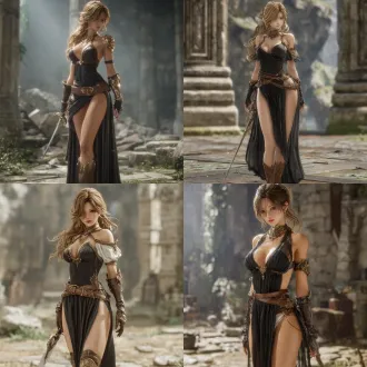 katalina, an alluring and enchanting oriental female knight from granblue fantasy, ultra - high - definition, 3d ultra - realistic. she has a tall and well - proportioned figure with gracefully curved legs. wearing a sultry look, lips slightly parted, she stands in a refined, alluring stance. she is dressed in a black slit long dress, with the slit on the side revealing her slender legs. paired with golden shoulder armor, arm armor, a brown leather belt cinching the waist, black gloves for adornment, and a striking golden ornament around the neck. there is an air of elegance combined with a sense of martial heroism. amidst a desolate riverside on a cloudy day, ruins and debris lie scattered. a sword is stuck in the ground nearby. the dim lighting casts a gloomy, melancholic glow. rendered in 4k with meticulous detail, attaining a crystal - clear, highly - realistic cg - photo effect, free from any hazy filter - like appearance.