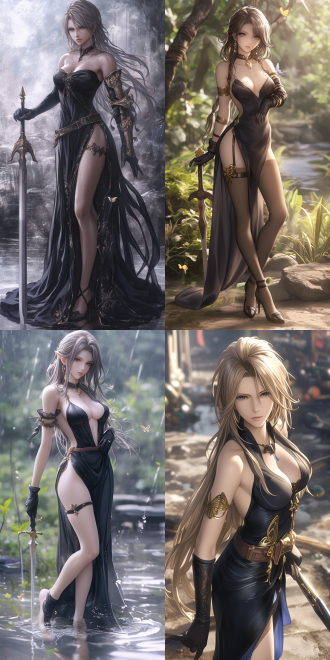 katalina, an alluring and enchanting oriental female knight from granblue fantasy, 2.5d ultra - high - definition, ultra - realistic. she has a tall and well - proportioned figure with gracefully curved legs, wearing a sultry look, lips slightly parted, standing in a refined, alluring stance. she is dressed in a black slit long dress adorned with ethereal butterflies and water droplets, the slit revealing her slender legs, paired with golden shoulder armor, arm armor, a brown leather belt cinching the waist, black gloves, and a striking golden ornament around the neck. the composition has cool tones and side backlighting, creating a dreamlike surrealism. amidst a desolate riverside on a cloudy day, ruins and debris are scattered with a sword stuck in the ground nearby, and the dim lighting casts a gloomy, melancholic glow. rendered in 4k with meticulous detail, it attains a crystal - clear, highly - realistic cg - photo effect, free from any hazy filter - like appearance.