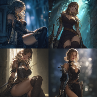 katalina, an alluring and enchanting oriental female knight from granblue fantasy, ultra - high - definition, ultra - realistic, close - up shot. she has a tall and well - proportioned figure with gracefully curved legs, wearing a sultry look, lips slightly parted, in a relaxed leaning stance. she is dressed in a black slit long dress adorned with delicate silver - thread embroidery, the slit revealing her slender legs, paired with golden shoulder armor, arm armor, a brown leather belt cinching the waist, black gloves, and a striking golden ornament around the neck. the composition has cool tones and side backlighting, creating a dreamlike surrealism. a sword is nearby, and the dim lighting casts a gloomy, melancholic glow. rendered in 4k with meticulous detail, it attains a crystal - clear, highly - realistic cg - photo effect, free from any hazy filter - like appearance.